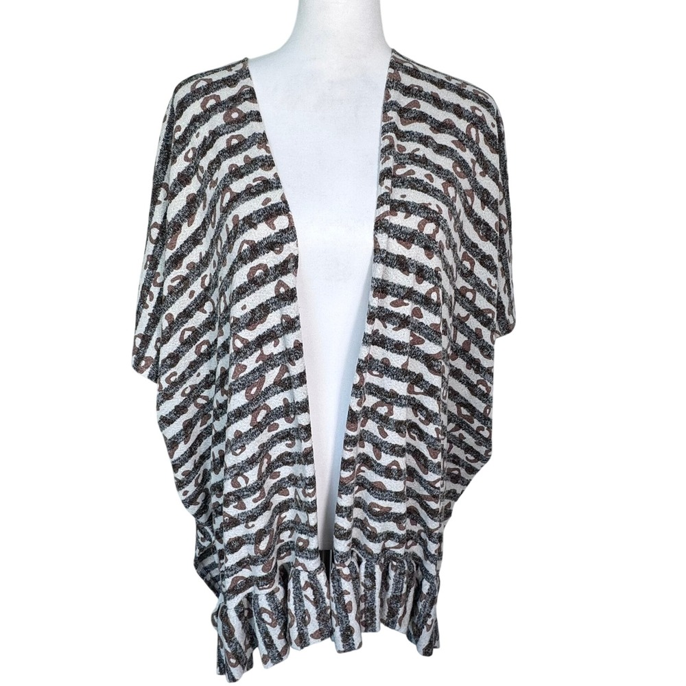 JADE BY JANE Women's One Size Grey Brown Leopard Stripe Ruffle Hem Cardigan